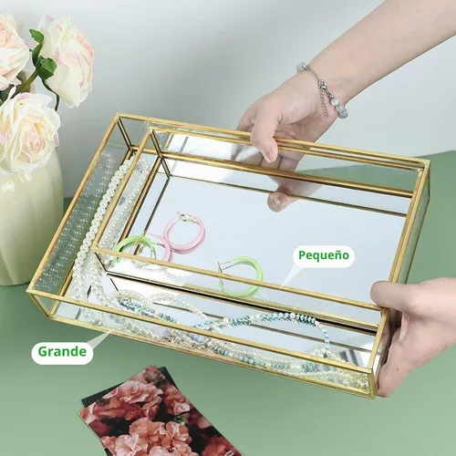 Vista 3 de HighFree Bandeja Rectangular de Espejo Dorado, Bandeja Decorativa de Vidrio con Espejo para Tocador para Perfume, Cosméticos, Maquillaje, Baratijas