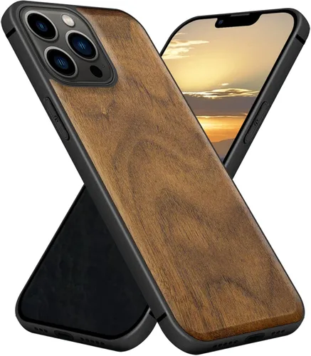 Vista 23 de Carveit Funda magnética de madera para iPhone 13 Mini [madera natural y TPU suave negro] funda protectora de madera única y elegante a prueba