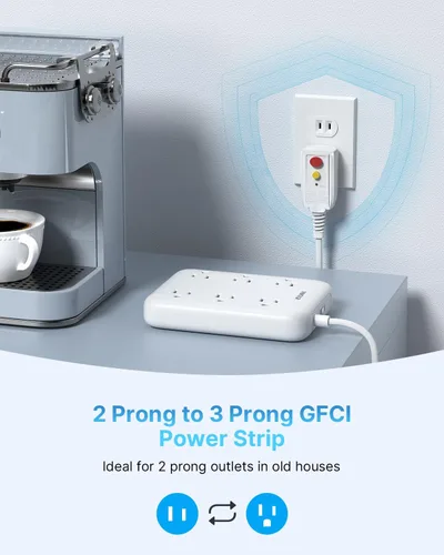Vista 2 de Cinta de enchufes de 2 puntas con GFCI, VINTAR Adaptador de enchufe de GFCI de 2 a 3 puntas, cable de extensión de 6 pies con 6 salidas y 4 USB