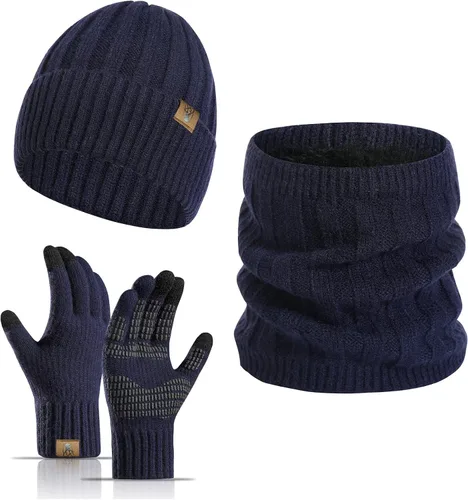 Vista 9 de Beanie Hat and Touchscreen Gloves with Winter Scarf 3PCS Set for Men Women Negro