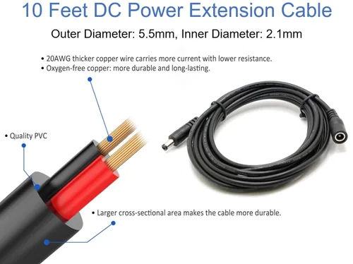 Vista 5 de [20AWG] 10ft DC Power Extension Cable Cord for 12V AC DC Power Supply Adapter, CCTV Security Camera, DVR, NVR, LED Light Strips, 12V Home Appliances