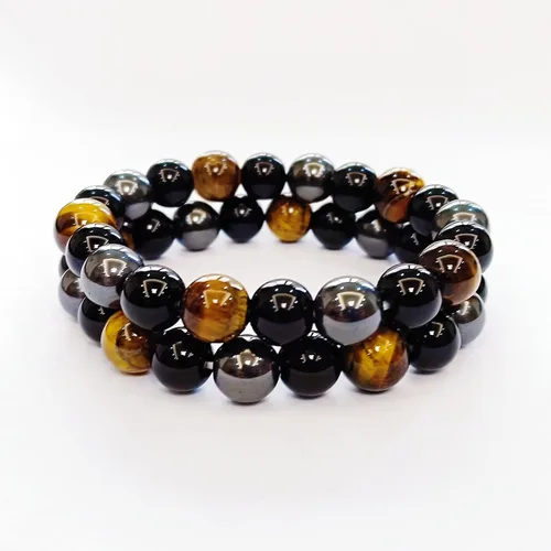 Vista 65 de Pulseras de triple protección con piedra de ojo de tigre de obsidiana negra con hematita para hombres y mujeres, pulsera de piedra curativa
