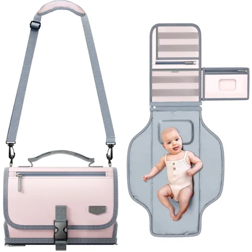 Vista 11 de Cambiador de pañales portátil con correa para el hombro, cambiador de viaje desmontable con bolsillo para toallitas para bebé, regalos para baby
