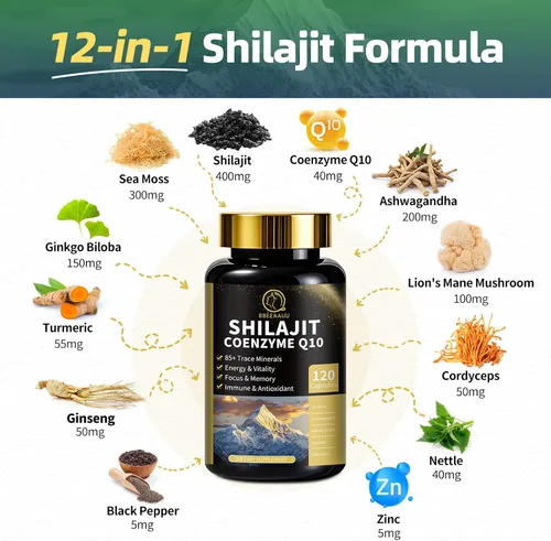 Vista 4 de Shilajit para hombres, paquete de musgo marino y shilajit, suplementos todo en 1 con coenzima Q10, semilla negra, ashwagandha, taurina, bardana