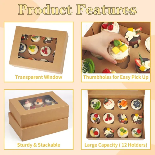 Vista 3 de Svalor Cajas para cupcakes, 12 unidades, paquete de 2 recipientes desechables para cupcakes, portador de cupcakes de grado alimenticio con ventana e
