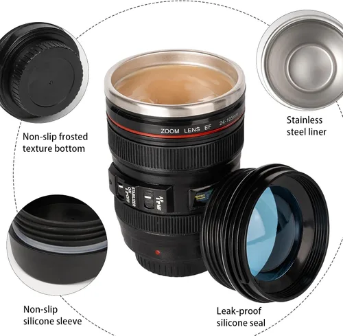 Vista 4 de Taza de café con lente de cámara, taza de café de viaje, taza de lente de acero inoxidable, termo con tapa y cuchara, regalos geniales