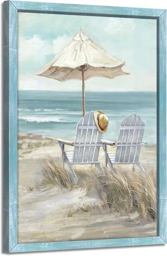 Vista 19 de Arte de pared enmarcado costero abstracto, imagen de silla de playa, pintura moderna del océano, impresiones de paisaje marino relajante, decoración
