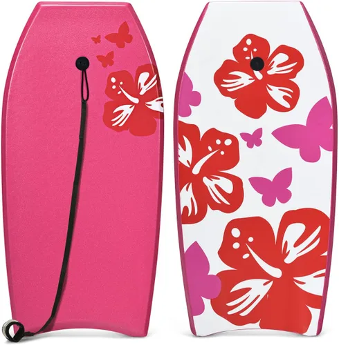 Vista 7 de GYMAX Tablas de Bodyboard para Playa, Tabla de Bodyboard de 33"/37"/41" con Núcleo de Espuma EPS, Cola en Media Luna, Doble Canal y Correa