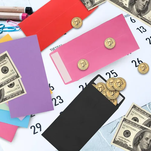 Vista 5 de Sobres para dinero en efectivo - 100 paquetes, 3.5x6.5 pulgadas, negros, de colores, adecuados para presupuestos, cheques, monedas, joyas, artículos