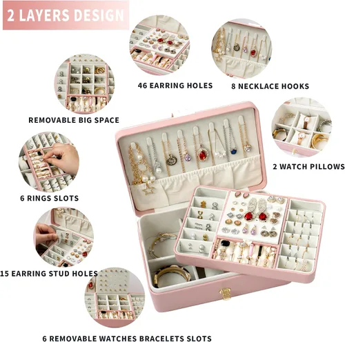 Vista 3 de Uhelper Organizador de aretes para mujer, joyero grande de 2 capas con espejo, tarjeta de regalo hecha a mano y papel de regalo, soporte de joyería