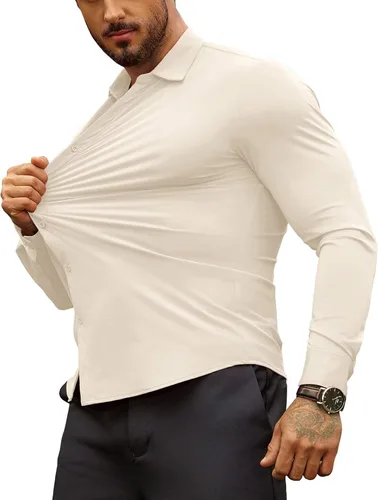 Vista 2 de COOFANDY Camisas de vestir ajustadas para hombre, sin arrugas, manga larga, casuales, con botones Beige
