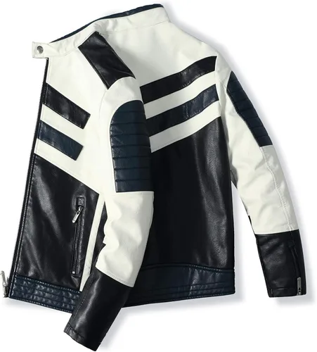 Vista 3 de Traje de carreras de motocicleta de cuero de motocicleta de cuello alto para hombre, chaqueta de cuero de simulación de PU de bloqueo