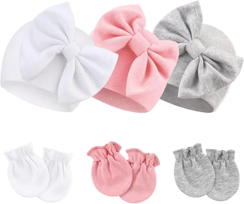 Vista 20 de BQUBO Gorros para Niñas Recién Nacidas Conjunto de Gorro y Manoplas para Bebé Gorros para Infantes con Moño Gorro de Hospital con Manoplas