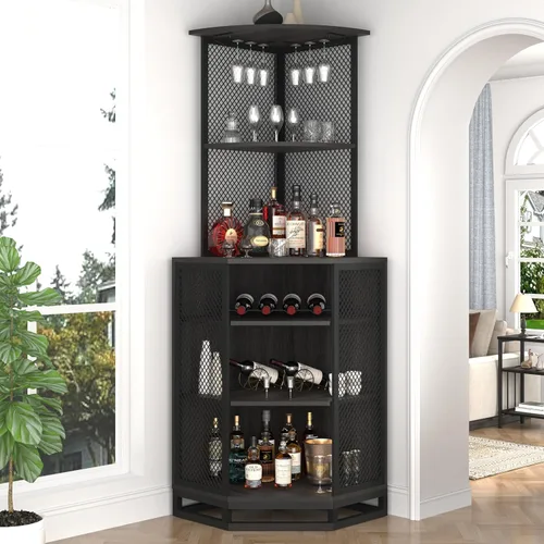 Vista 11 de IBF Armario esquinero de 71 pulgadas de alto para vino con soporte para vidrio, almacenamiento de licor industrial de 5 niveles con estante