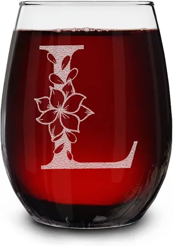 Vista 16 de Copa de vino sin tallo, con monograma floral, grabada con láser, 15 onzas, regalo inicial personalizado para ella (B)