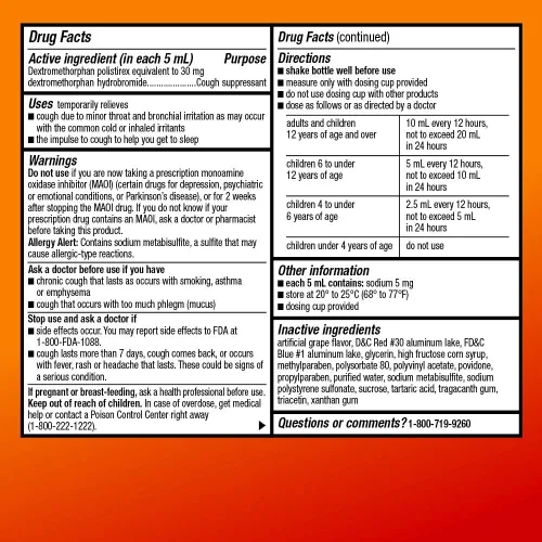 Vista 9 de Amazon Basic Care Jarabe DM para la tos de 12 horas, dextrometorfano de liberación prolongada, medicamento líquido con sabor a uva, 5 onzas líquidas