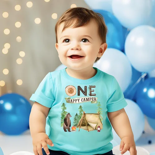 Vista 3 de Camisetas temáticas y raglanes One Happy Camper para el primer cumpleaños para acampar al aire libre para niñas y niños