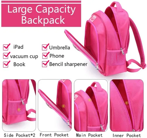 Vista 4 de BingTangHuLu Mochila escolar de dibujos animados rosa para niños, bolsa escolar de anime, bolsa de viaje de gran capacidad para niños, niñas