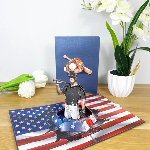 Vista 2 de Tarjeta emergente 3D de jugador de béisbol, arte de papel y artesanía, tarjeta de felicitación, cumpleaños, aniversario, Navidad, tarjeta del día