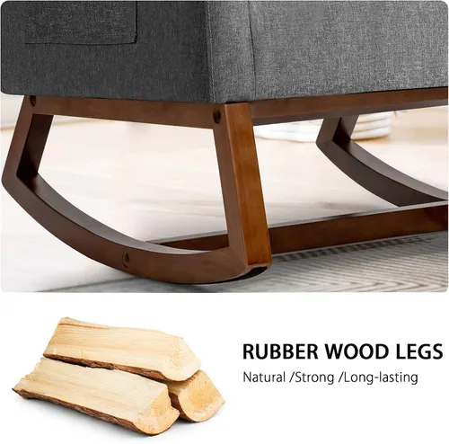 Vista 14 de Giantex Mecedora tapizada, sillón moderno de tela con base de madera, bolsillo lateral, asiento acolchado de lino, silla mecedora con respaldo alto