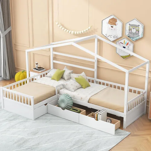 Vista 10 de Harper & Bright Designs Cama de plataforma de casa con cajones de almacenamiento y techo, marco de cama de madera tamaño individual con valla