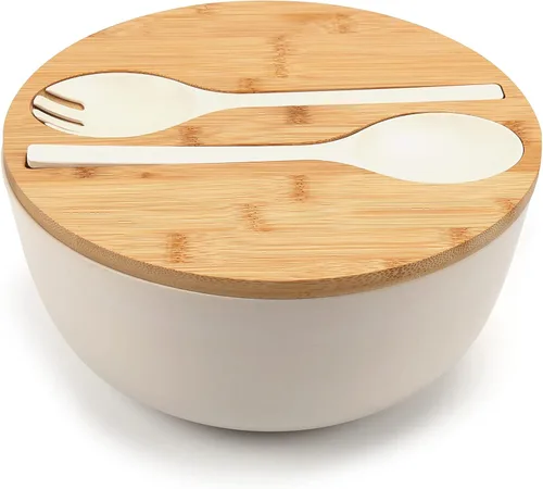 Vista 11 de ShineMe Juego de Ensaladera Negra, Ensaladera Grande de Fibra de Bambú de 9.8 pulgadas con Tapa y Utensilios (Cuchara y Tenedor), Tazón Sólido