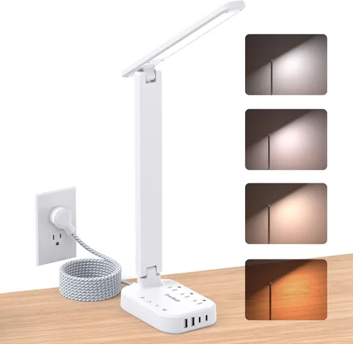 Vista 11 de One Beat Pequeña lámpara LED de escritorio, cable de extensión de 5 pies con 3 tomas, 4 puertos USB (2 USB C), 4 modos, lámpara táctil de 5 niveles