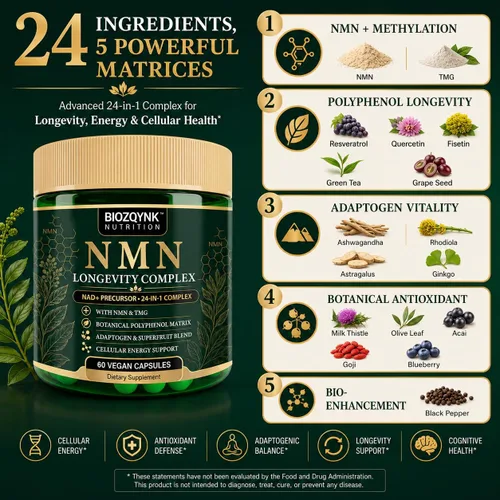 Vista 2 de NMN Supplement 24-in-1 NAD+ Complex 1000mg Per Serving, 60 Vegan Capsules