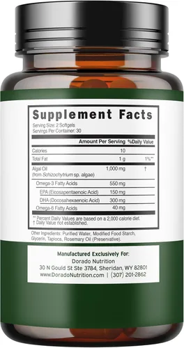 Vista 2 de Aceite de algas vegano Omega 3 (60 cápsulas blandas) DHA EPA a base de plantas, de origen sostenible, sin carragenina, sin OMG, salud del corazón