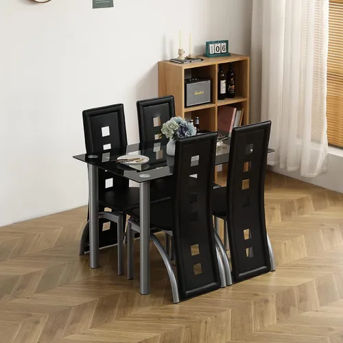 Vista 2 de Juego de mesa de comedor negra de 5 piezas para 4, juego de mesa y sillas de cocina de vidrio moderno, juego de mesa de comedor que ahorra espacio