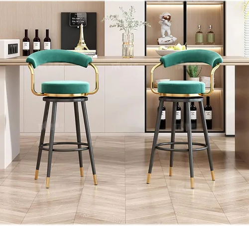 Vista 7 de Taburetes de bar giratorios modernos, sillas de altura de mostrador con respaldo dorado/negro, reposapiés de terciopelo, taburetes de bar