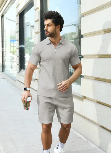 Vista 5 de KUYIGO Conjunto de camisa polo y pantalones cortos para hombre, trajes de verano a la moda, casual, de manga corta, traje de 2 piezas para hombre