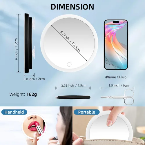Vista 5 de 20 espejos de aumento iluminados con ventosas, espejo grande de 6 pulgadas con luz de alto aumento, espejo de maquillaje de viaje, batería