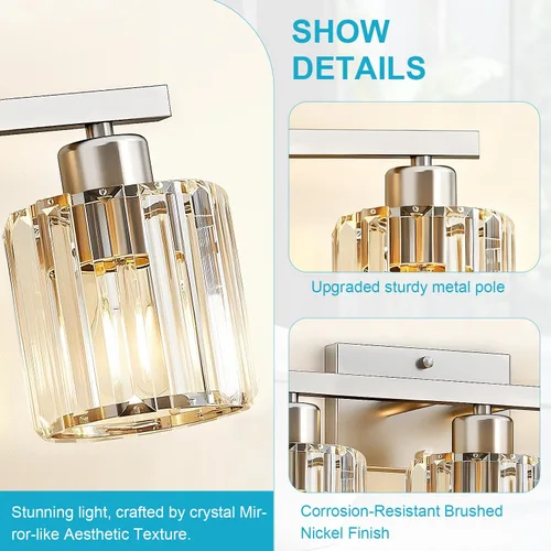 Vista 2 de GOLSPARK Modern Crystal Bathroom Vanity Light, Brushed Nickel Bathroom Lighting fixtures Over Mirror, 3-Light Vanity Light Fixtures, E26 Base Round