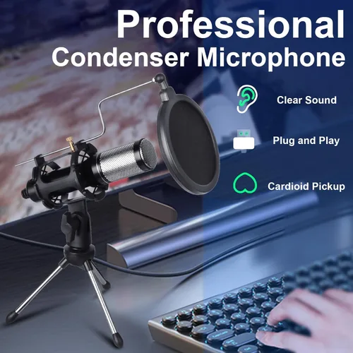 Vista 4 de Micrófono de grabación de estudio de sonido E300, micrófono de transmisión de condensador, canto de karaoke para grabación, soporte de escritorio