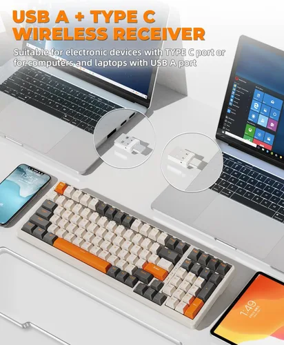 Vista 7 de ZIYOU LANG Teclado mecánico inalámbrico 96% para juegos, USB 2.4G + tipo cBT5.0, interruptor rojo intercambiable en caliente y teclas de flecha
