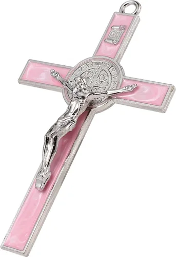 Vista 4 de VINETEN Crucifijo - Cruz de Pared de San Benito que da Bendición y Cruz de Pared Espiritual Sagrada de Esmalte Rosa para Niña de 5 Pulgadas