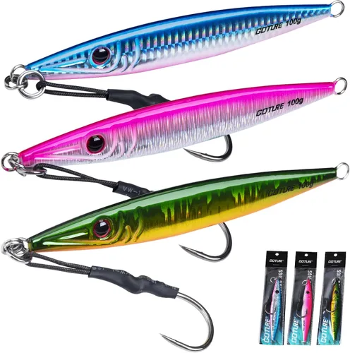 Vista 19 de Goture Fishing Jigs Saltwater 60g-200g with Assist Hook, Glow Vertical Jigs, Speed Fast Lead Jig Sea Fishing Jigging Spoon Lures for Tuna, Salmon