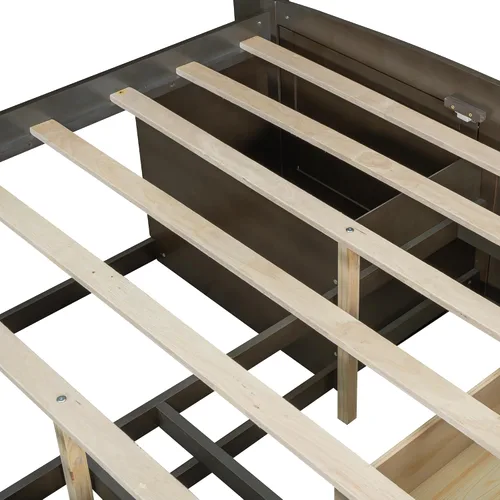 Vista 9 de Sofá cama de madera de tamaño matrimonial con 2 armarios de noche, estantes superiores y 4 cajones, marco de madera resistente, espacio de Marrón