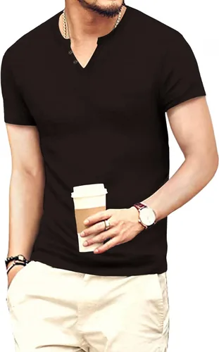 Vista 2 de Camiseta básica Henley de manga corta y larga para hombre