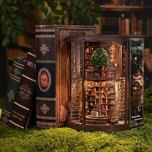 Vista 3 de ACOCO Kit de rincón de libro de biblioteca clásica, rompecabezas de madera 3D con luz LED, decoración de estantería en miniatura, regalo