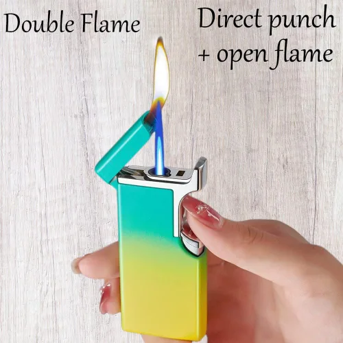 Vista 6 de Encendedor doble resistente al viento que brilla en la oscuridad, vela inflable con llama azul para cocina, barbacoa, regalos de campamento