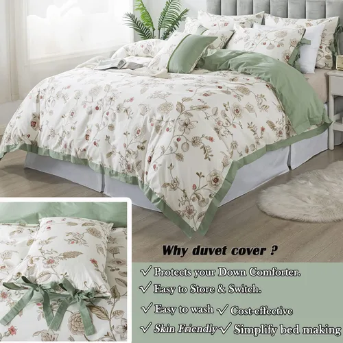 Vista 7 de FADFAY Juego de ropa de cama de 7 piezas, 100% algodón, diseño floral beige, tamaño Queen + funda de edredón, ropa de cama completa con flores rosas