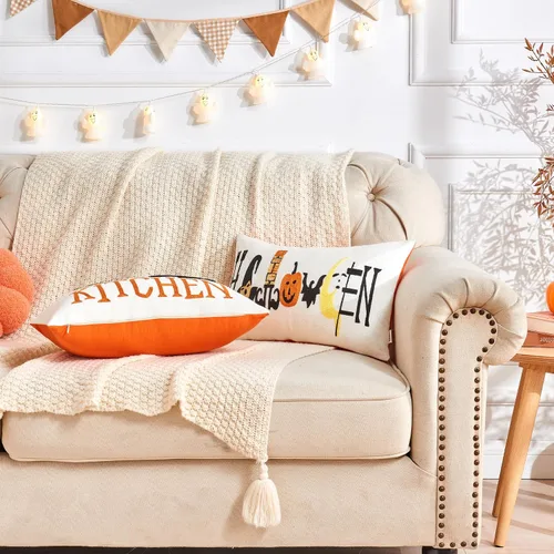 Vista 4 de Alysheer Funda de almohada decorativa de otoño con bordado de Halloween, 12 x 20 pulgadas, funda de cojín de lona de algodón bordada naranja