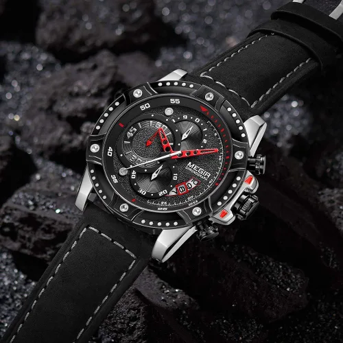 Vista 3 de MEGIR Reloj analógico de cuarzo para hombre con correa de cuero de cara grande para deportes 2130