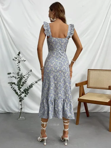Vista 2 de SOLY HUX Women's Floral Print Ruffle Trim Split Hem Midi Cami Dress Boho Summer Dresses