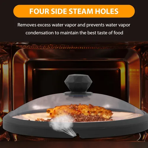 Vista 4 de Tapa de microondas de vidrio con protección contra salpicaduras con mangos de silicona anti-quemaduras y borde ventilado para cubrir ollas y platos
