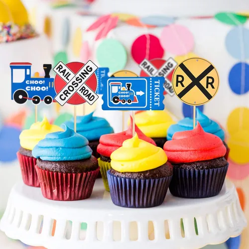 Vista 6 de Blulu 48 piezas de decoración de tren para magdalenas de tren cruzar Decoraciones de cumpleaños de tren, púas de cupcakes para fiesta temática