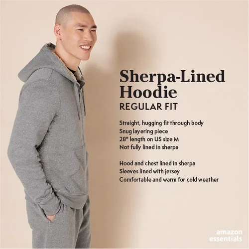 Vista 3 de Tienda Essentials - Sudadera de vellón con capucha, con forro de sherpa y cierre completo de cremallera para hombre