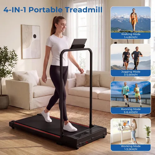 Vista 7 de Walking Pad, Treadmill with Handle Bar Foldable Treadmills for Home Indoor Under Desk Portable Compact Electric Walk Pads Small Spaces Office Rojo